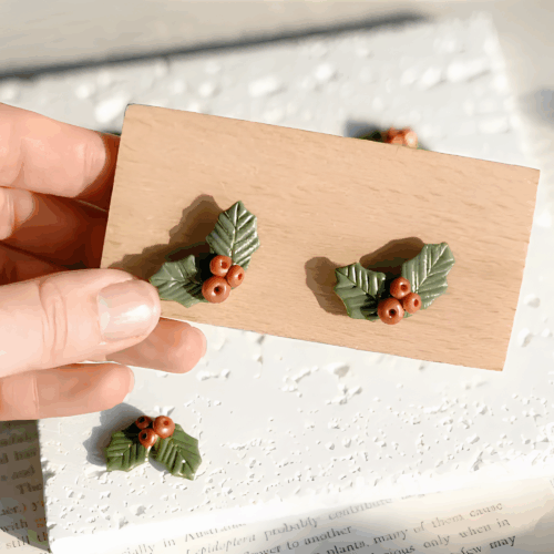 Holly Leaf & Berry Stud Earrings – Handmade Polymer Clay Earrings
