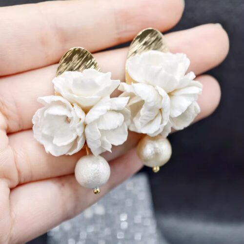 White Floral Polymer Clay Earrings