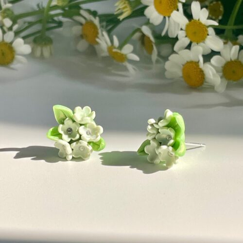 floral stud earrings mint white handmade clay jewelry