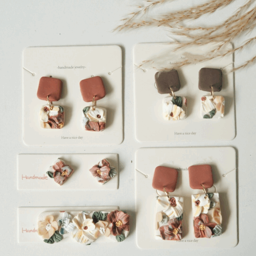 Terracotta Garden polymer clay earrings collection with square drop, mini stud, and floral bar clip – handmade floral jewelry
